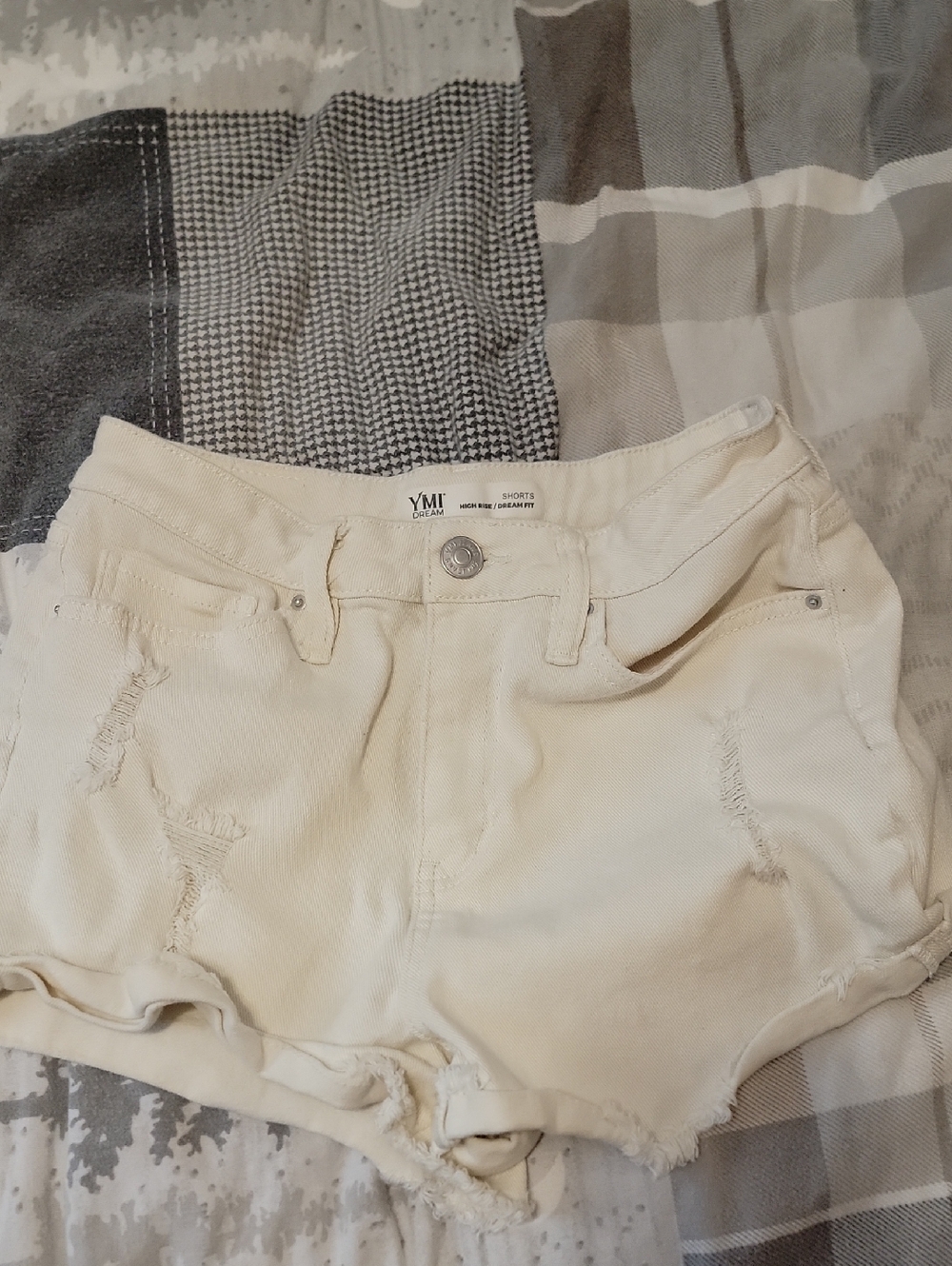 YMI Cream Distressed High-Rise Denim Shorts